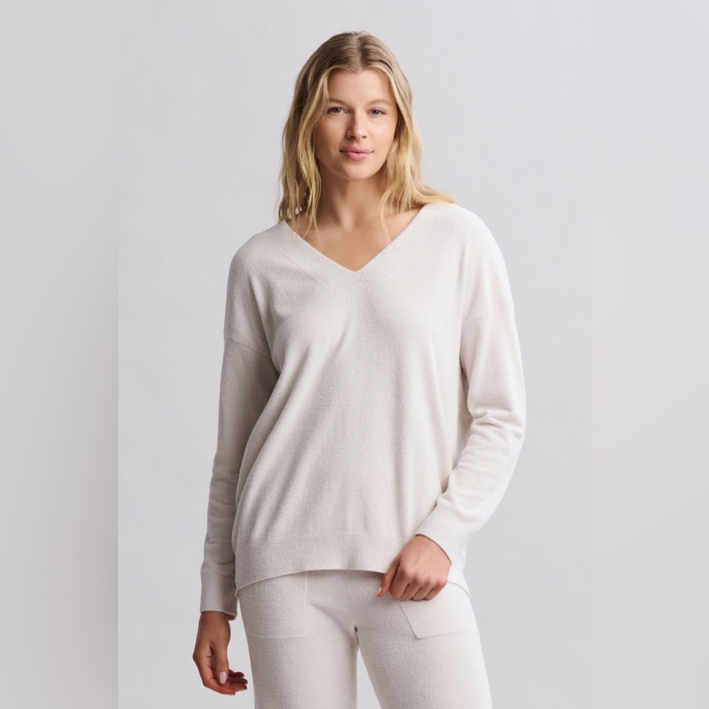 Barefoot Dreams CozyChic Ultra Lite® V Neck Hi-Low Pullover L Almond Sweater